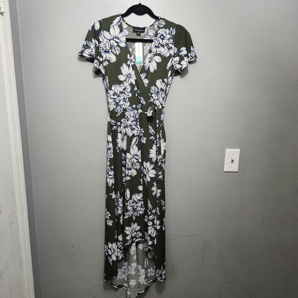 Fortune Ivy Faux Wrap High Low Midi Maxi Dress Size SP Floral Green New